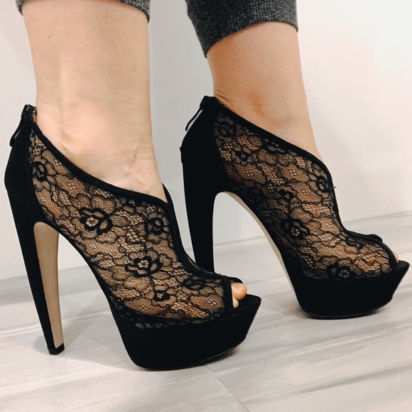 Bebe lace booties heels black satin platform 7 - Picture 3 of 7